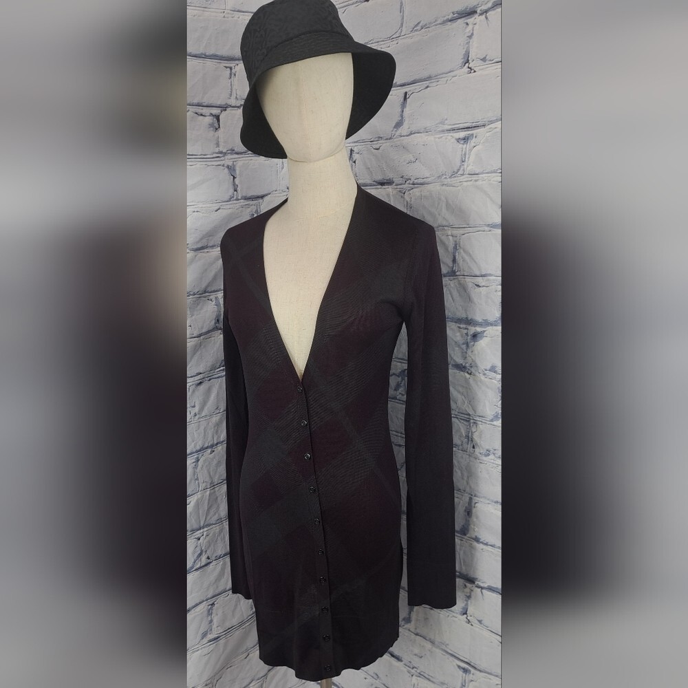 Burberry Women's 100% Silk Cardigan Sweater Dark Burgundy Check Medium